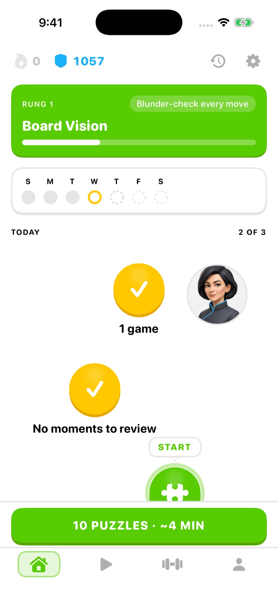 Rookly's home screen: a Board Vision lesson, a weekly streak and ten puzzles to start