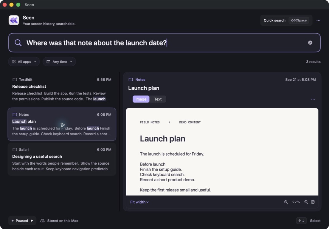 Seen's search window showing results for 'Where was that note about the launch date?'